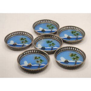 6 Japanese reverse painted glass coasters